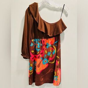 Judith March Ruffle One Shoulder Mini Dress Women's Large Brown Retro Boho NWT‎